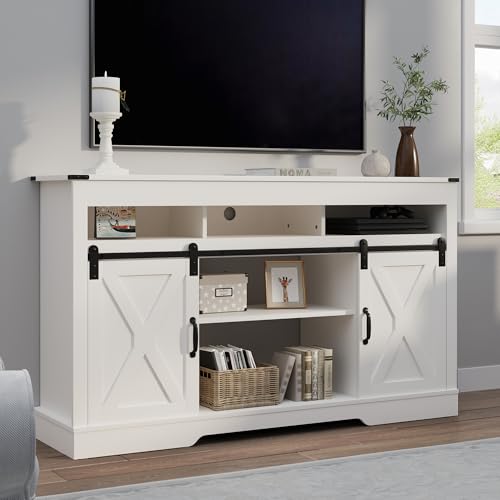 Image of RoyalCraft Farmhouse TV Stand for 23 inch Fireplace, 34'' Tall Entertainment Center for 65+ Inch TV, 34 inch Tall Rustic TV Console with Sliding Bar Door for Living Room, White