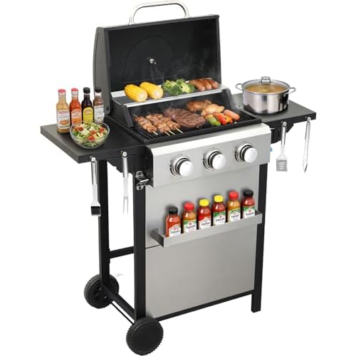 IdeaMaxx 3 Burner Propane Gas Grill, 30,000 BTU Stainless Steel Outdoor BBQ Grill with 322 Sq. In. Cooking Area & 2 Foldable Side Shelves, Patio Cookout Essentials for Backyard