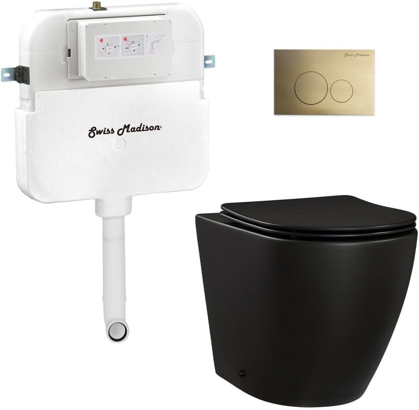 Angers Back-to-Wall Toilet Bundle 0.8/1.6 GPF Dual Flush in Matte Black with Brass Flush Plate