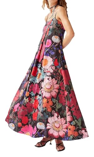 Image of Women Floral Maxi Dress Spaghetti Straps V Neck Lace Patchwork Flowy Tiered Boho Beach Sundress Long Dresses