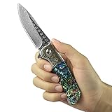 AUBEY Taschenmesser Abalone Damast Klein Klappmesser Einhandmesser Angelmesser Outdoor EDC Messer Damastmesser Taschenmesser Klappmesser Geschenk (Abalone-Muschel Griff)