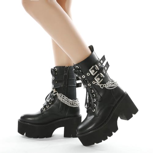 Image of Parisuit Womens Goth Patent Ankle Boots Platform Chunky Combat Boots | Lace Up, Gothic Boots, High Heel, Punk Short Booties, Buckle Boots, Chain Boots
