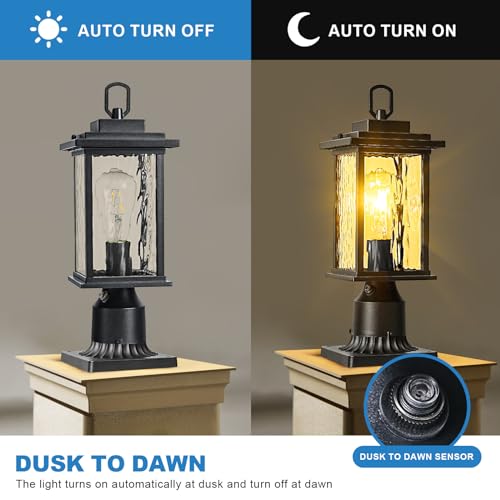 Dusk to Dawn Outdoor Lamp Post Light for Lawn Porch Backyard Passages, Waterproof Aluminum Pier Mount Outdoor Lighting, Black Outside Pole Post Lantern with Pier Mount Base and Clear Glass