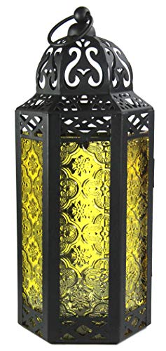 VELA LANTERNS Moroccan Candle Lantern Decorative Candle Holder Lamp for Table or Hanging, Ramadan Decorations, Indoor Home Decor, Outdoor Patio or Porch, Weddings, Black Metal, Yellow Glass, Medium