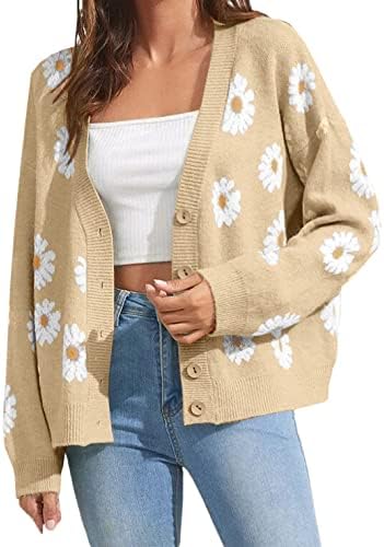Women's Floral Print Cardigan Long Sleeve Open Front Button Down V Neck Knitted Sweaters