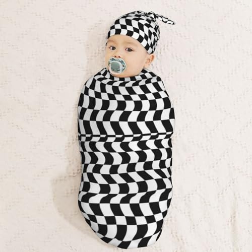 Image of Black White Racing and Checkered Pattern Newborn Swaddle Blankets Hat Sets Soft Baby Receiving Blanket Swaddle Sack for Baby Shower Infant Boy Girl Gift