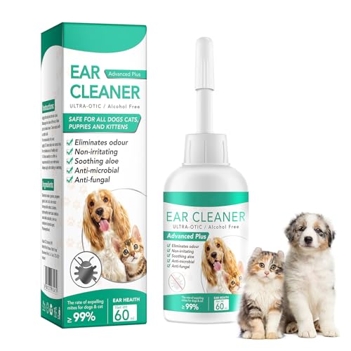 PEGRAUFC Ohrenreiniger Hund, 60ml Ohrentropfen Ohrentropfen Milben, Hund Ohrentropfen stoppen Ohren Entzündungen und Juckreizskin Tag Removal Ohrreiniger für Hunde, Katzen und Alle Anderen Tiere