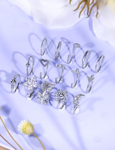 Kridzisw 18G 20G Nose Rings Studs Hypoallergenic 316L Surgical Steel L Shaped Screw Nose Rings Hoops Silver Heart Star Diamond Nose Piercing Jewelry for Women Men 42pcs4