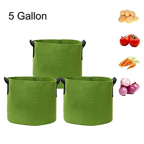 GEMGO 3 Pack Garden Grow Bag, 5 Gallon Aeration Waterproof Fabric Potato Bucket Planter, Vegetable Peanut Planting Bag for Flower Nursery (5 Gallon, Green)