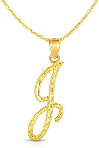Floreo 10K Yellow Gold Charm Pendant Necklace with Letter J Personalized Alphabet Initial Name Monogram, Cursive