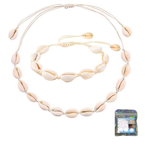 Jormftte Shell Necklace Bracelet, Shells Necklace Bracelets Set, 2 Pieces Adjustable Shell Bracelets Anklets, For Women, Girls And Man (White)