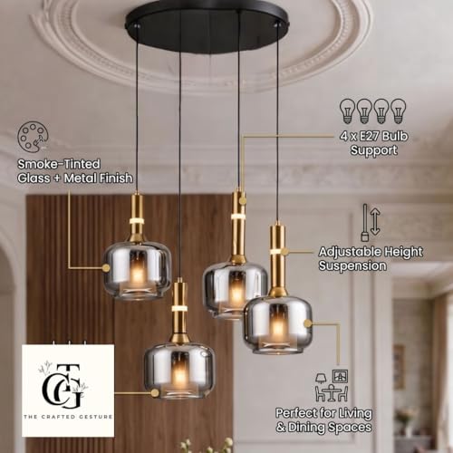 Image of Set of 4-Heads Box-Shaped Glass Hanging Pendant Light|Modern Cube Cluster Ceiling Lamp with Metal Base|Smoke-Glass for Living Room, Dining & Cafe