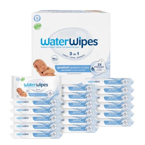Image of WaterWipes Sensitive+ Newborn & Baby Wipes, 3-In-1 Cleans, Cares, Protects, 99.9% Water, Unscented & Hypoallergenic, 1080 Count (18 Packs)