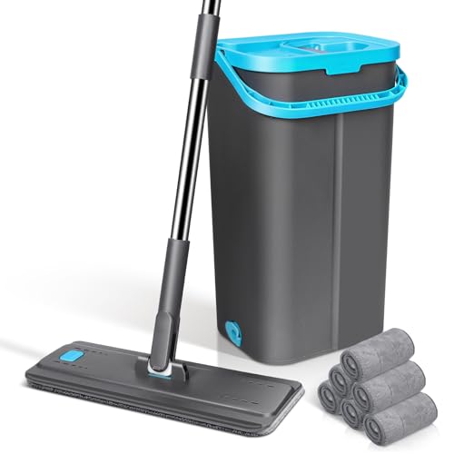 MASTERTOP Bodenwischer Set, Wischmopp Set mit Eimer, Mikrofaser Flachmopp mit 6 Wischpads, 2 in 1 Putzeimer Set Wischer mit Auswringfunktion für Hartholz Fliesen Laminat Marmor, Grau+Blau