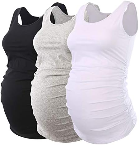 Ecavus 3PCS Womens Layering Maternity Tank Top Pregnancy Shirt Scoop Neck Sleeveless Ruched Vest (M, Black/White/Grey)