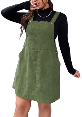 WDIRARA Women's Plus Size Corduroy Overalls Sleeveless Solid Pinafore Dress with Pocket Army Green Solid 0XL