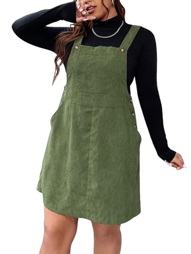 WDIRARA Women's Plus Size Corduroy Overalls Sleeveless Solid Pinafore Dress with Pocket