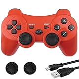 BEK Controller replacement for PS3 Controller, Wireless Remote Gamepad, Thumb Grips, Double Shock 3 Vibration, Motion Sensors, Rechargeable Battery, Compatible with Sony Playstation 3 (Red)