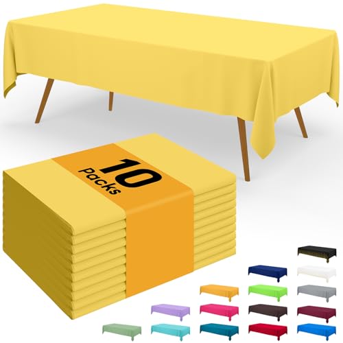Image of Smiry Disposable Table Cloth - 10 Pack, 54 x 108 Inch Waterproof Rectangle Tablecloths for Parties, Decorative Plastic Table Cover, Leakproof & Sturdy, Yellow