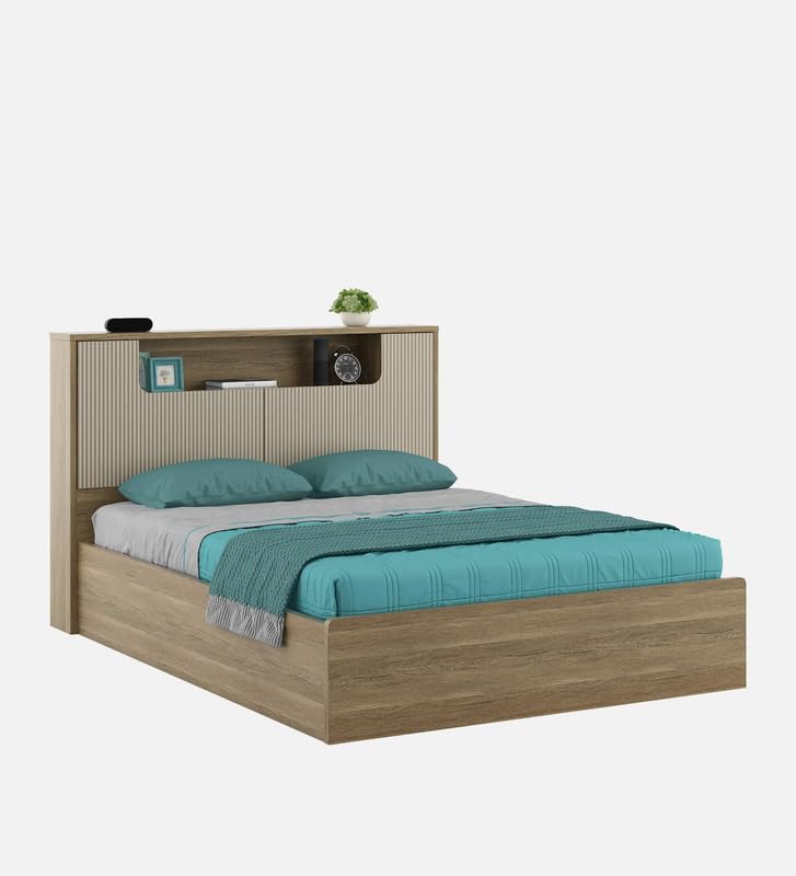 Image of Mintwud Pepperfry Engineered Wood Queen Size Bed with Box Storage | Wooden Double Bed Cot Palang Furniture with Headboard for Home Bedroom Living Room and Hotel (Sebastian Oak Finish)