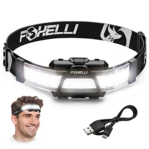 Foxelli Wide Beam Headlamp – USB Rechargeable LED Head Lamp Flashlight, Ultra Bright, 210° Wide Illumination, Low Profile, 14 White LEDs, Waterproof, Lightweight & Comfortable Headlight