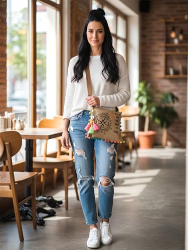 Image of The House of tara Casual Jute Purse For Women | Small Crossbody Sling Bag with Tassels, Zip Pocket & Removable Shoulder Strap | Printed Aesthetic Foldable Ladies Purse Handbag