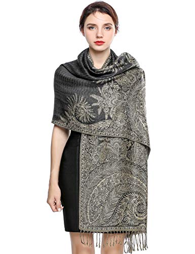 Elegante Bufanda Estampada para Mujer Lujoso Chal Cálido con Borla Suave Pashmina Estilo Paisley Étnico Uso en Otoño Invierno 200 * 70cm/(2-Gris azulado)