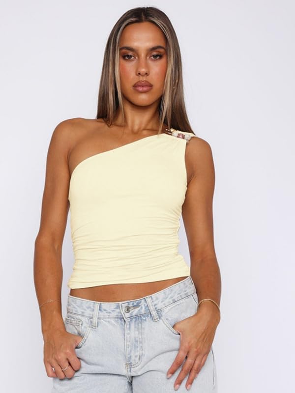 Women's Chic and Elegant Tank Tops Off Shoulder Sleeveless Crop Top Summer Sexy Asymmetrical Tank Tops Slim Fit Ruched Blouse Y2K Solid Color Short Blouse Fashion Streewear image 5