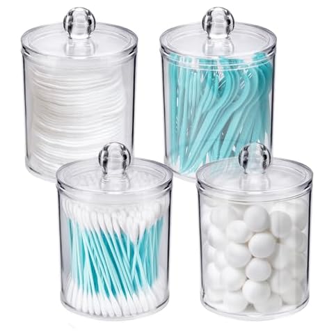 WEISHI 4 Pack Qtip Holder Dispenser - Cotton Ball, Swab, Round Pads, Floss , Clear Plastic Apothecary Jar Containers with Lids for Bathroom Storage and Organization, Vanity Organizer Cover
