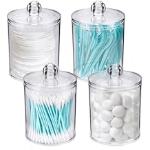 WEISHI 4 Pack Qtip Holder Dispenser - Cotton Ball, Swab, Round Pads, Floss , Small Clear Plastic Apothecary Jar Containers with Lids for Bathroom Storage and Organization, Vanity Organizer