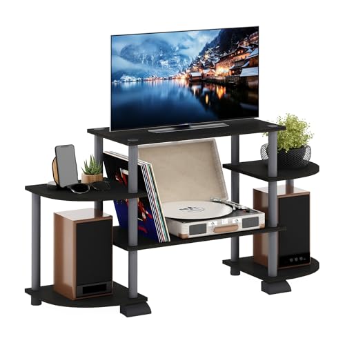 Image of Furinno Turn-N-Tube Rounded Corner TV Entertainment Center, Black /Grey | Toolless Entertainment Center with Open Storage Shelves, Media Console Table with Soundbar Shelf for Living Room, Bedroom