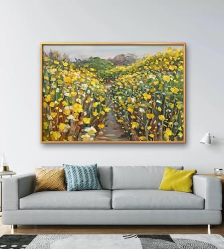 LIUYUYOUGO Tableau Decoration Murale Salon Tableau Mural Représentant Un Champ De Fleurs Jaunes Peint À La Main À L'Huile Sur Toile Représentant Un Chemin...