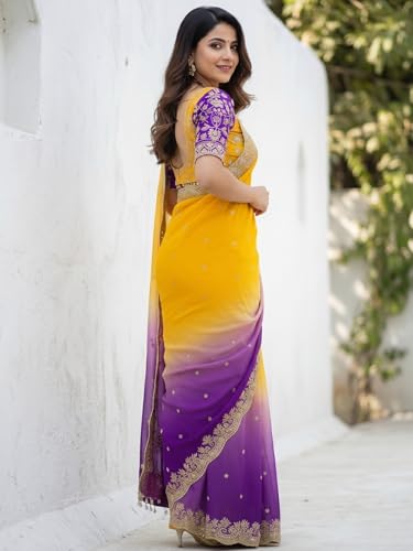 Image of Amazon Brand - Tavasya Fancy Fendy Satin Silk Saree with Multi Sequence Embroidery Work | Heavy Embroidered Wedding Party look Saree with Running Blouse Piece