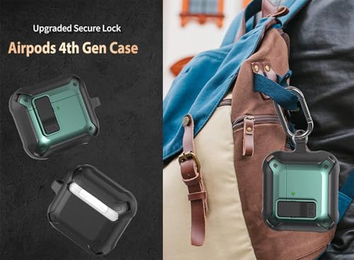 Image of Olytop for Airpods 4 Case with Lock Clid, Rugged Apple Airpods 4th Generation Cover 2024 Men Women, Armor Shockproof iPod 4 Gen Protective Hard Shell with Carabiner&Cleaner kit,Black /Green