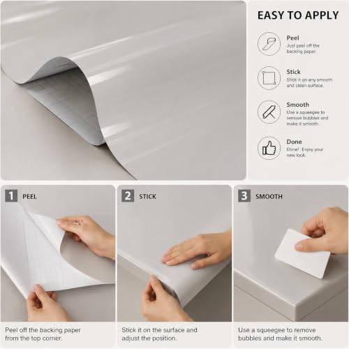 Image of Vinyl Contact Paper Decorative for Cabinets Countertops Kitchen Shelves Liner Self Adhesive Film Peel and Stick Waterproof Removable Wallpaper (Inches 24 x 300, Glossy Light Grey)
