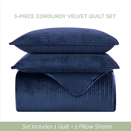 Elegant Comfort Luxury 3-Piece Velvet Corduroy Stripe Quilt Set, Ultra Soft Bedspread - Cozy Velvet Coverlet Set - 3PC Medium Weight Quilted Set with Matching Pillow Shams, Queen, Navy Blue