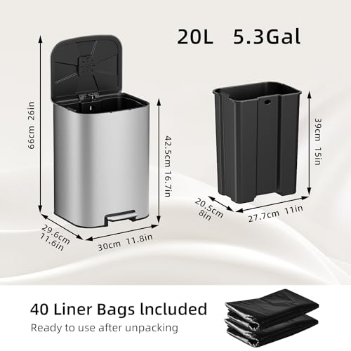 Image of KUK 5.3 Gallon Kitchen Trash Can with Lid, Heavy Duty Hands-Free Stainless Steel Commercial Step Trash Bin with Removable Inner Bucket, Pedal Rubbish Bin for Home Office and Kitchen, 20L /5.3Gal