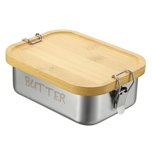 SUMNACON Beurrier avec couvercle en bambou, en acier inoxydable, passe au micro-ondes/lave-vaisselle, avec boucle, cloche à beurre scellée pour la maison et...