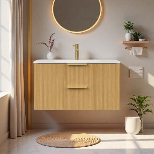 Image of 36 inch Wall-Mounted Bathroom Vanity Cabinet with Sink, Light Oak