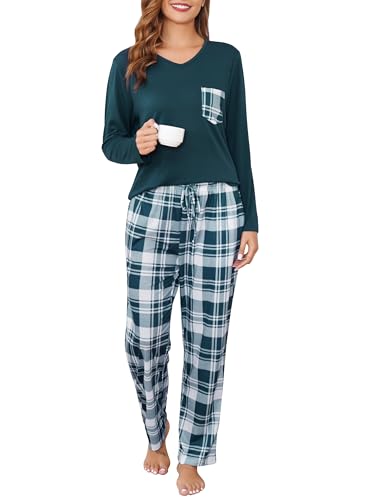 Sopesil Schlafanzug Damen Lang Pyjamas Sets Kariert mit Taschen Nachtwäsche Winter Weich Gemütlich Hausanzug Lounge Wear für Damen, Dunkelgrün, L