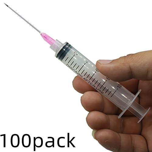 Image of 100 Pack 10ml 18Ga Plastic Syringe with Measurement for Scientific Labs and Industrial Dispensing, Disposable Individually Wrapped (100, 10ml-18Ga)