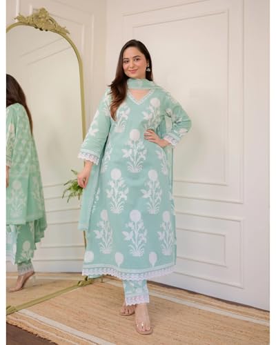 Image of Nermosa Women Cotton Printed Straight V-Neck Kurta Pant With Dupatta
