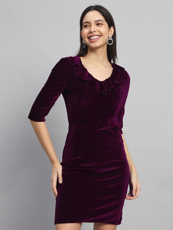 Image of V-Neck Party Dress for Women Bodycon | Shiny Velvet Half Sleeves Above Knee Length Outfit