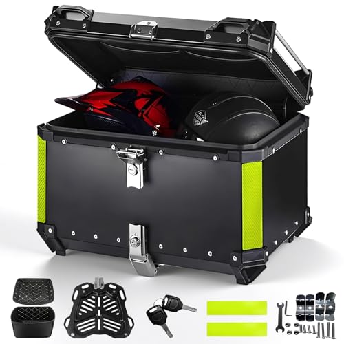 Oamger Baúl de Moto Universal 55 L, de Aleación de Aluminio, con Forro de Cuero, con Cerradura y Cojín Trasero, Apto para el 99% de los Cuadros de Motocicleta, 510 x 470 x 420 mm, Negro