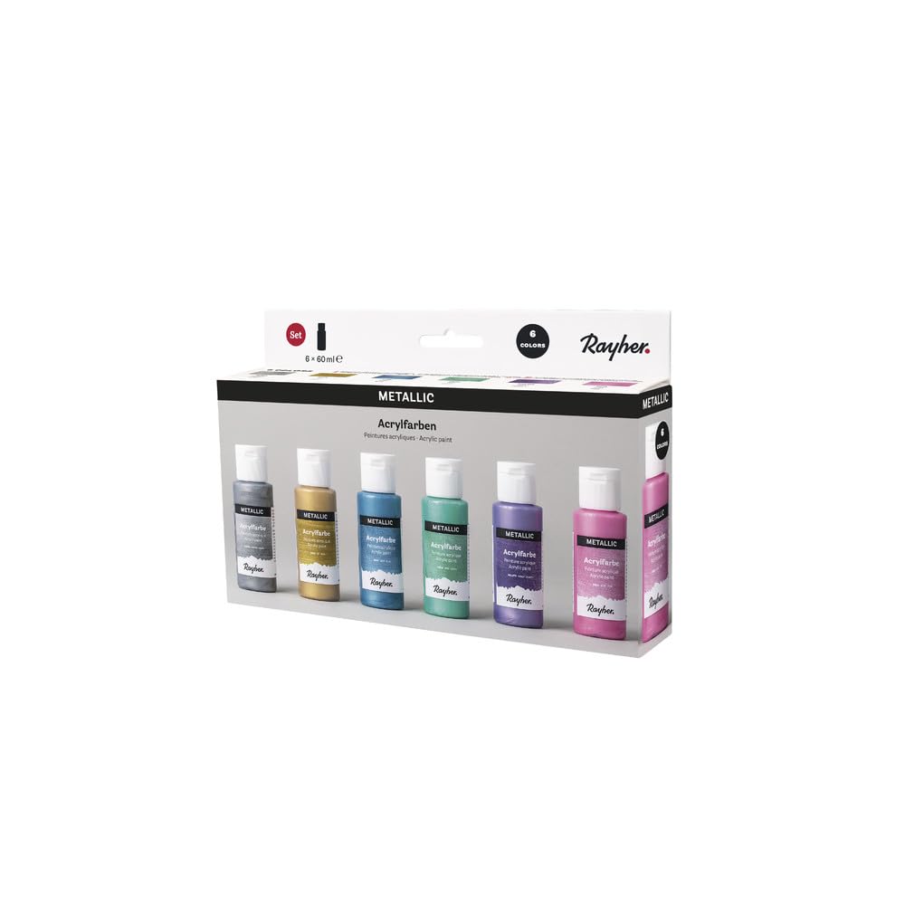 Rayher Acrylfarben-Set Metallic, 6 Farben à 60 ml (rosa, violett, blau, grün, silber, gold), für Einsteiger und Profikünstler, für viele Untergründe geeignet, wasserbasierend, 35059000