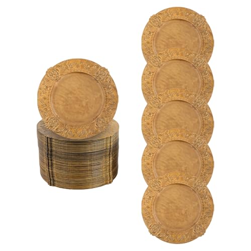 njxbrek 100 Pcs Antique Charger Plates Bulk 13'' Plastic Embossed Dinner Plate Chargers, Gold Round Plastic Dinner Plate for Table Setting Wedding Party Event (Style 1)