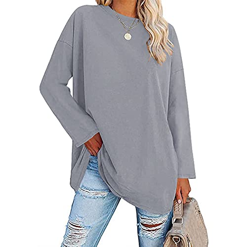 Famulily Damen Langarm T Shirt Damen Basic Tunika Tops Rundhals Tshirts (M, Grau)