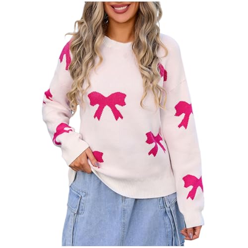 Women Y2k Bow Knit Sweater Crew Neck Long Sleeve Knitted Tunic Pullover Teen Girls Outdoor Casual Floral Knitwear