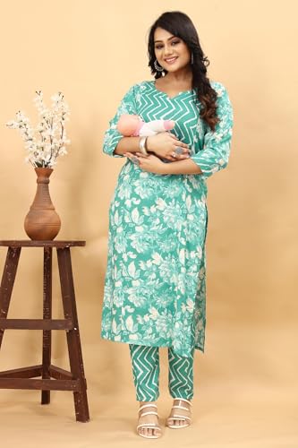 Image of SKY FAB Women Viscose Rayon A-line Maternity and Nursing Kurta Set with Dupatta and Zipper - Light Green Floral Pattern, 3 /4 Sleeves, Comfortable Fit