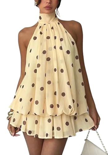 ROUMIFIQ Women's Summer Polka Dot Halter Mini Dresses Chiffon Sleeveless Tie Open Back Birthday Going Out Dress